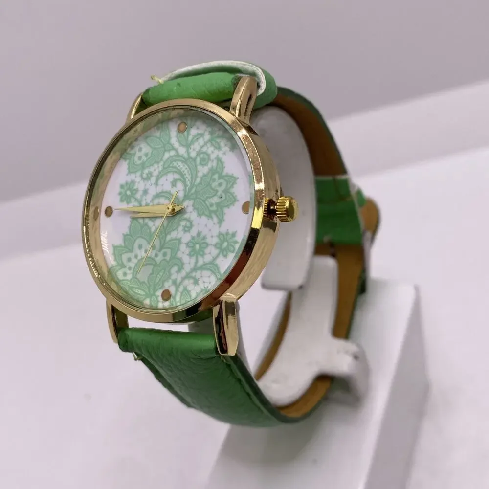 Geneva Gold Tone Green Art Watch Works New Battery